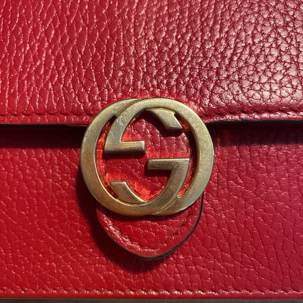 Gucci Red Vintage Wallet On Chain with Gold Tone GG Magnetic Lock Full Inclusion